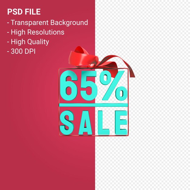 65% sale with bow and ribbon 3d design isolated