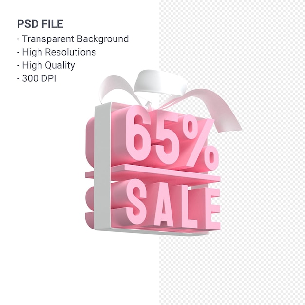 PSD 65% sale with bow and ribbon 3d design isolated