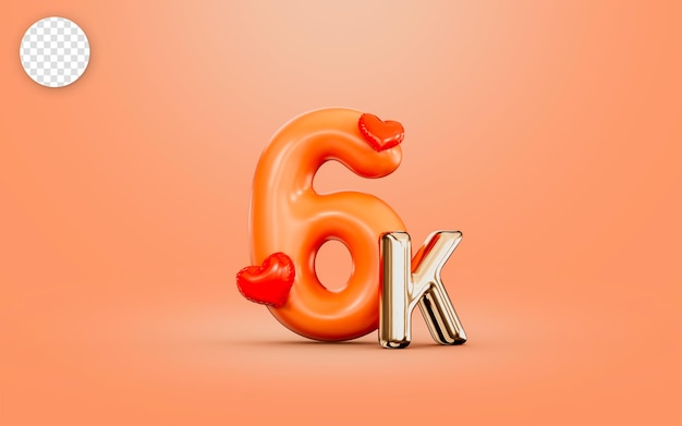 6k follower celebration orange color number with love icon 3d render concept for social banner