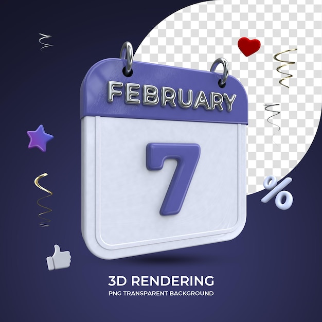 PSD 7 februari kalender 3d-rendering geïsoleerde transparante achtergrond