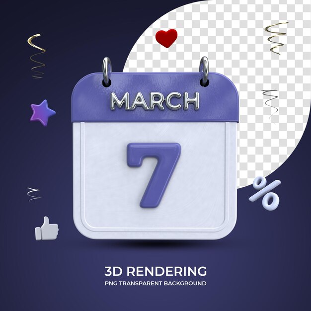 PSD 3月7日カレンダー3dレンダリング分離された透明な背景