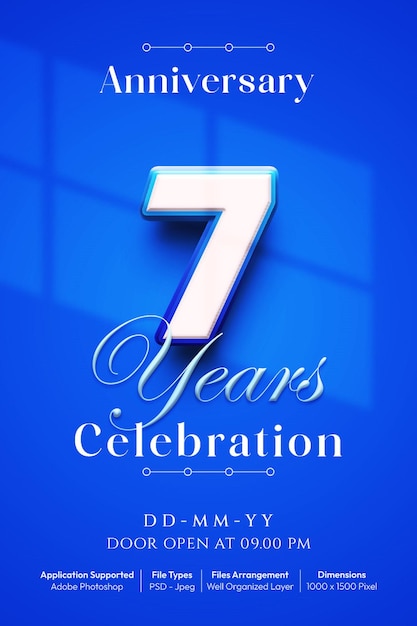 PSD 7 years anniversary party invitation or birthday card with editable text number 3d style