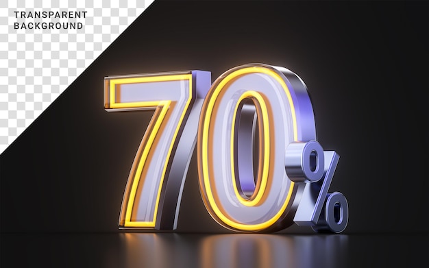 70 percent discount offer icon with metal neon glowing light on dark background 3d illustration