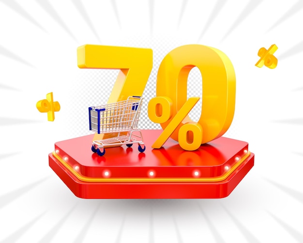 70 percent with shopping cart on hexagon podium 3d rendering