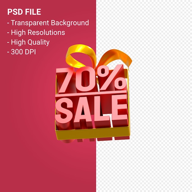 70 sale with bow and ribbon 3d design on isolated background