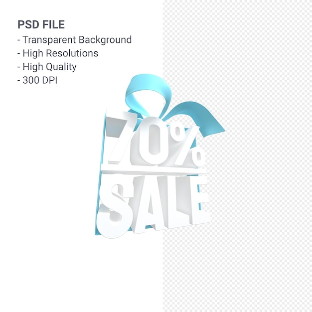 PSD 70% sale with bow and ribbon 3d design isolated