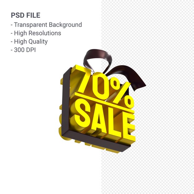 70% sale with bow and ribbon 3d design isolated