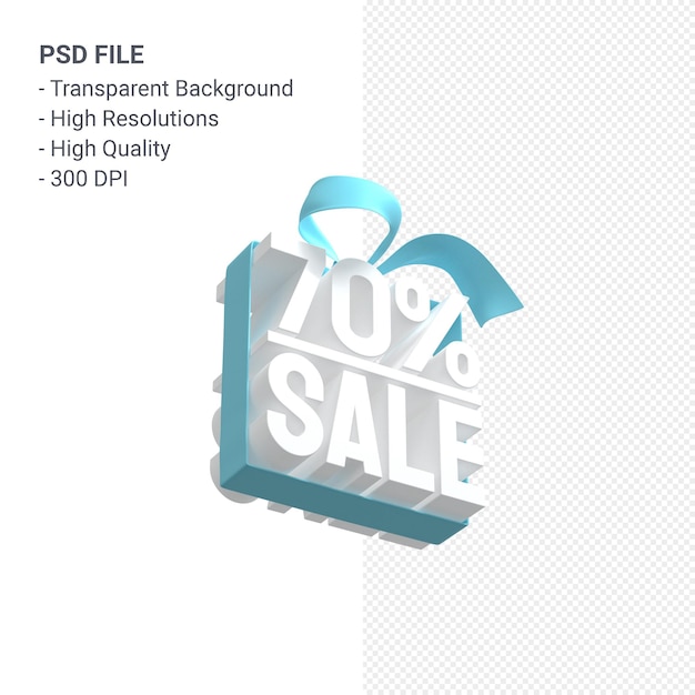 PSD 70% sale with bow and ribbon 3d design isolated