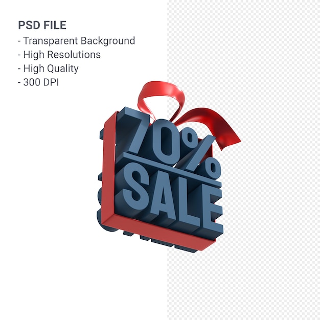 PSD 70% sale with bow and ribbon 3d design isolated