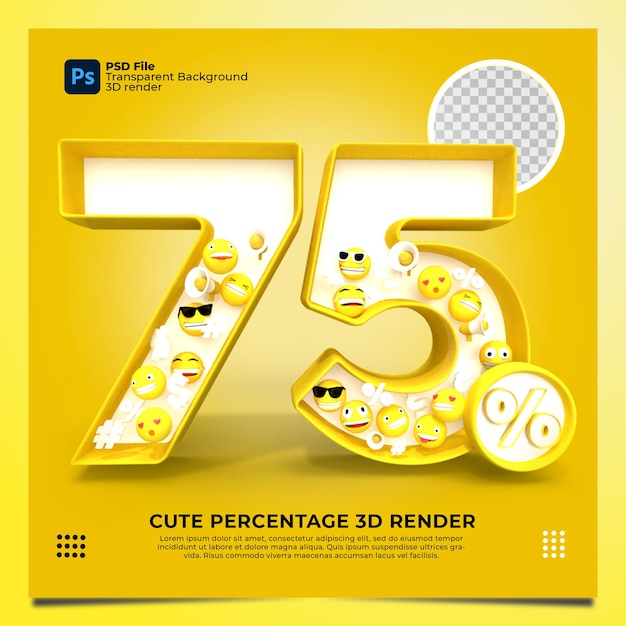 75 percentuale 3d render giallo con elementi