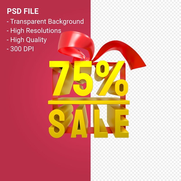 75 percentage sale with bow and ribbon 3d design isolated