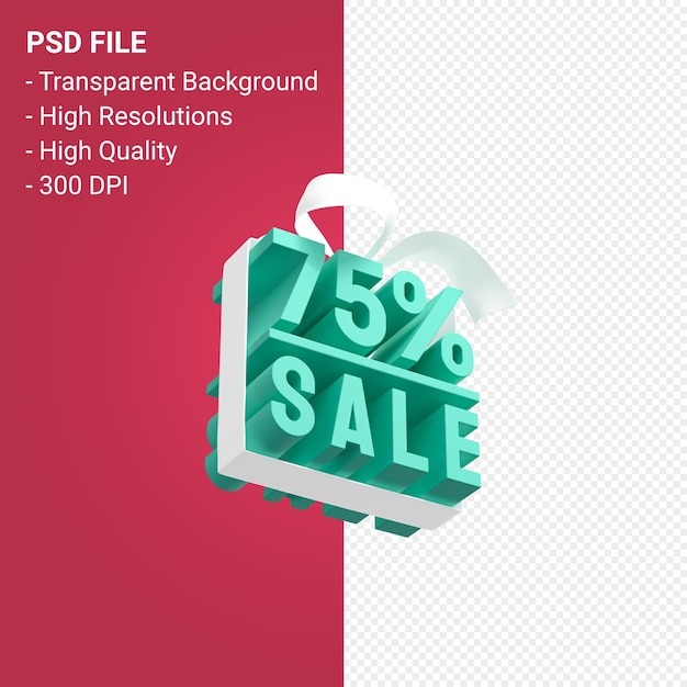 75% sale with bow and ribbon 3d design on isolated background