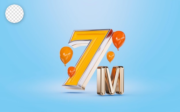 7k obserwujących celebrujący baner mediów społecznościowych z pomarańczowym balonem niebieskim tle koncepcja renderowania 3d