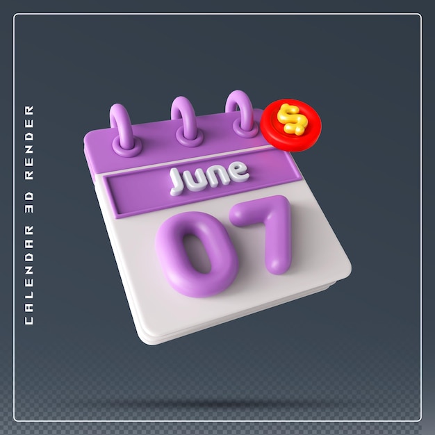 PSD 7th june calendar with dollar icon 3d render