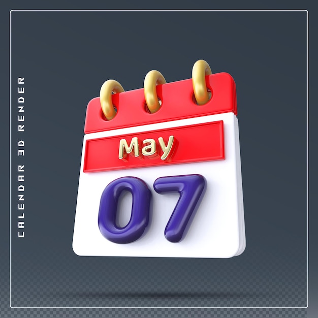 PSD rendering 3d dell'icona del calendario del 7 maggio