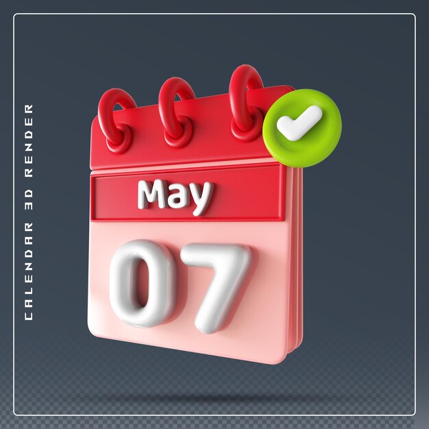 PSD calendario del 7 maggio con icona della lista di controllo rendering 3d