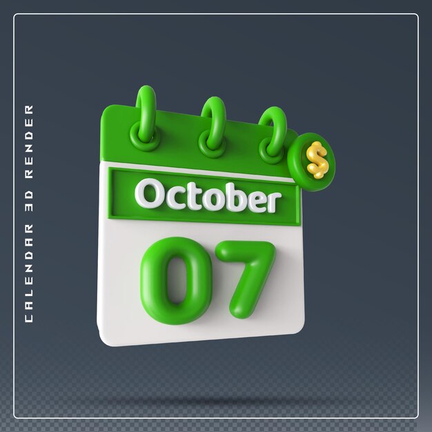 PSD Календарь на 7 октября с 3d-рендерингом иконки доллара