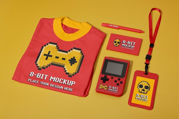 PSD design mockup di elementi di merchandising a 8 bit