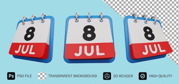 8 luglio calendario 3d rendering isolato premium psd