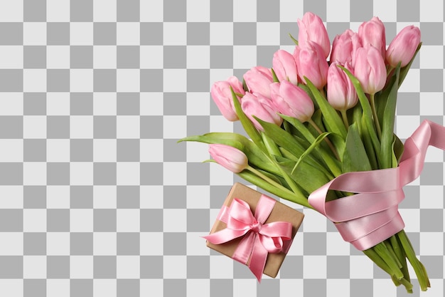 8 maart Internationale Vrouwendag boeket van roze tulpen en doos met een geschenkruimte voor tekst geïsoleerd op witte achtergrond PNG