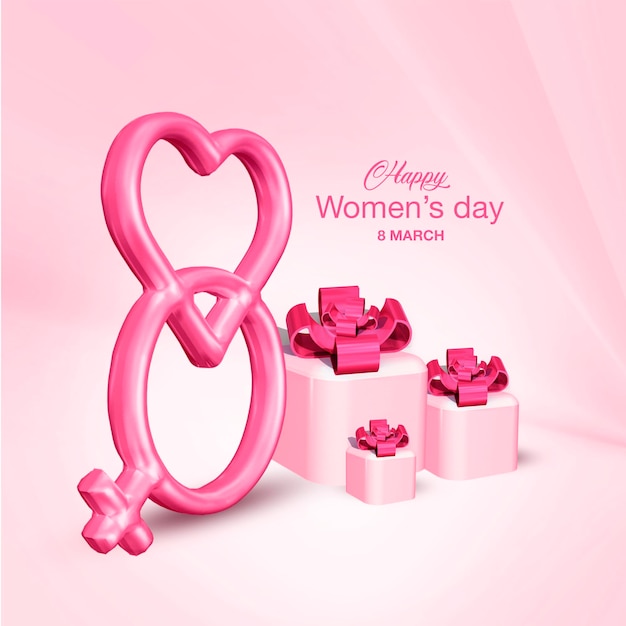8 March happy women's day card design with realistic 3d render