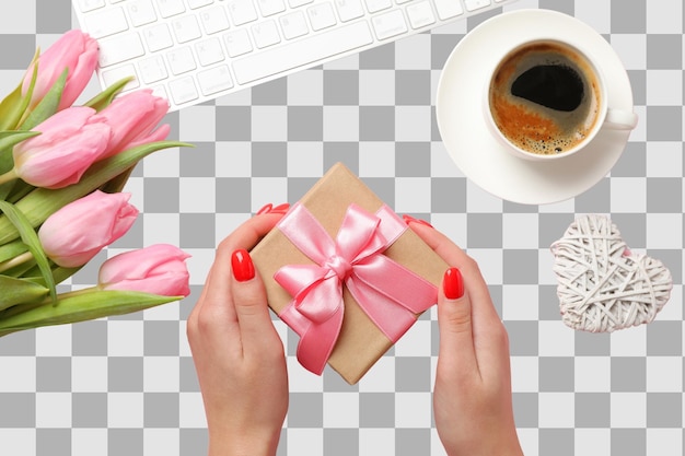 8 March International Womens Day gift box in female hands cup of coffee bouquet of tulips and laptop top view isolated on white background PNG