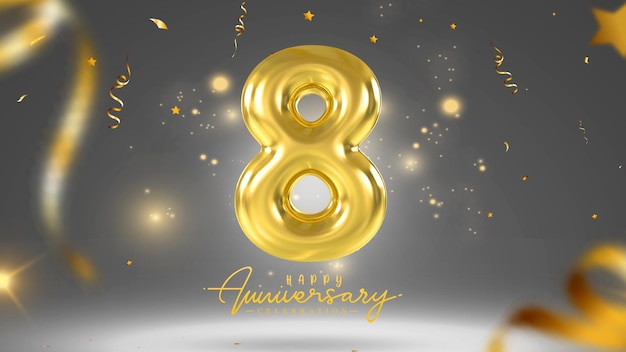 PSD 8 years anniversary template gold 3d