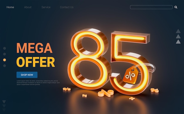 85 percent discount sale banner with tag neon glowing light on dark background 3d render concept