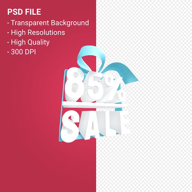 PSD 85 percent sale with bow and ribbon 3d design isolated