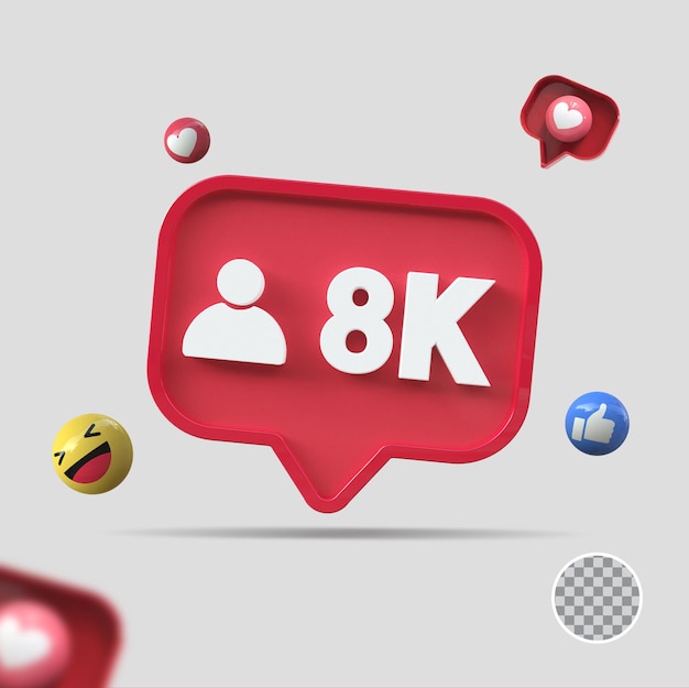PSD 8k followers with icon 3d render