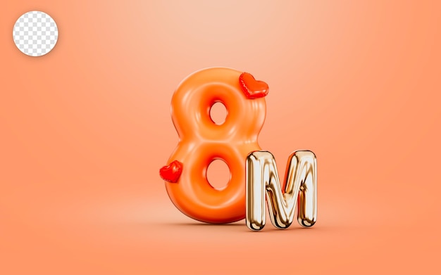 PSD 8m follower celebration orange color number with love icon 3d render concept for social banner