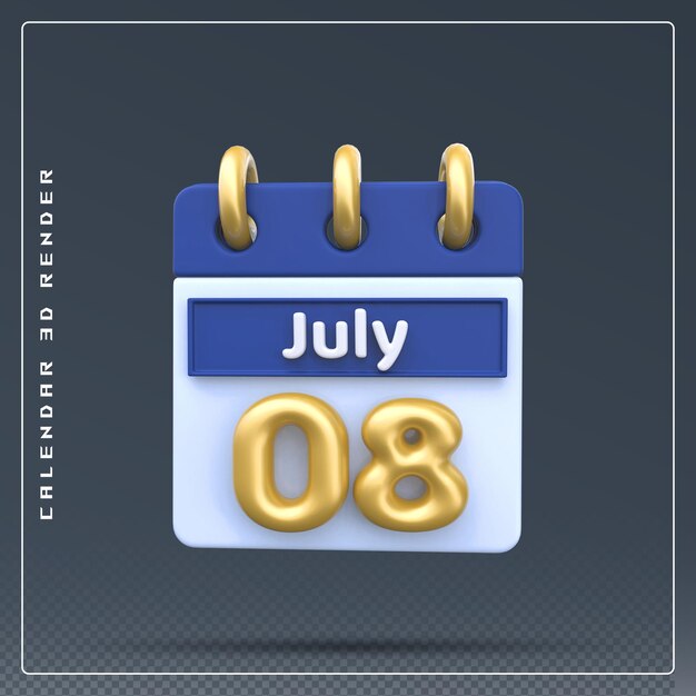 PSD rendering 3d dell'icona del calendario dell'8 luglio