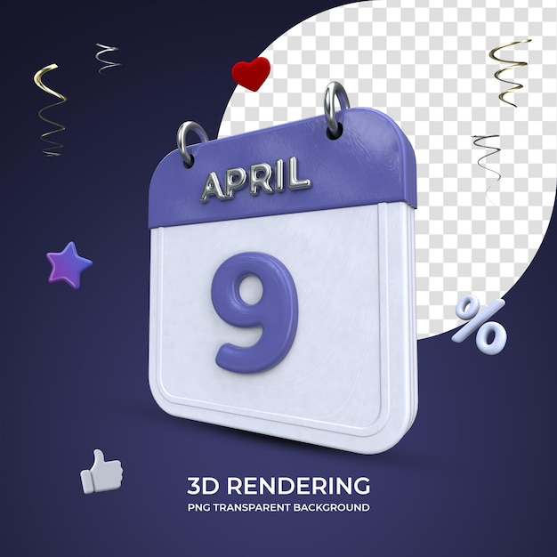 9 april calendar 3d rendering isolated transparent background