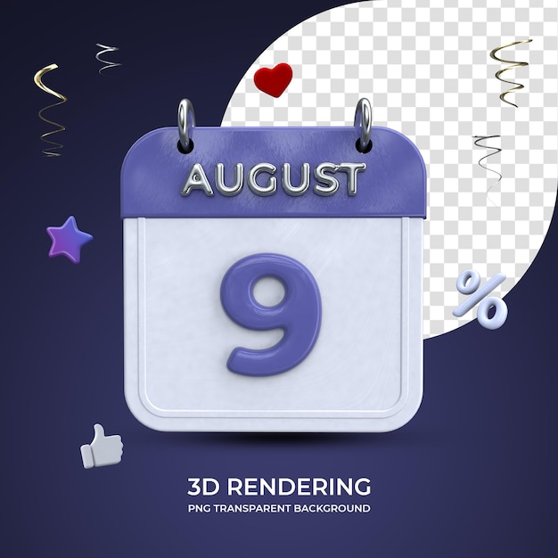 9 august calendar 3d rendering isolated transparent background