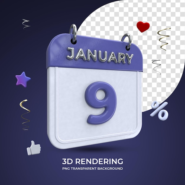 9 januari kalender 3d-rendering geïsoleerde transparante achtergrond