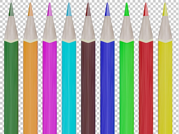 PSD 9 kleurrijke potloden geïsoleerd op transparante achtergrond tekening concept