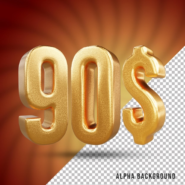 PSD 90 dollar 3d number gold text effect