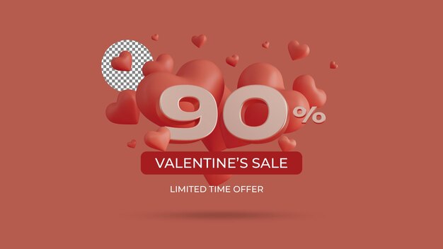 Premium PSD  Valentine special discount 90 percentage 3d rendering