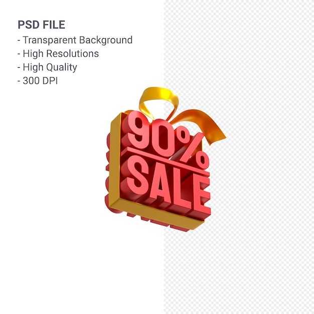 PSD vendita del 90% con fiocco e nastro 3d design isolato