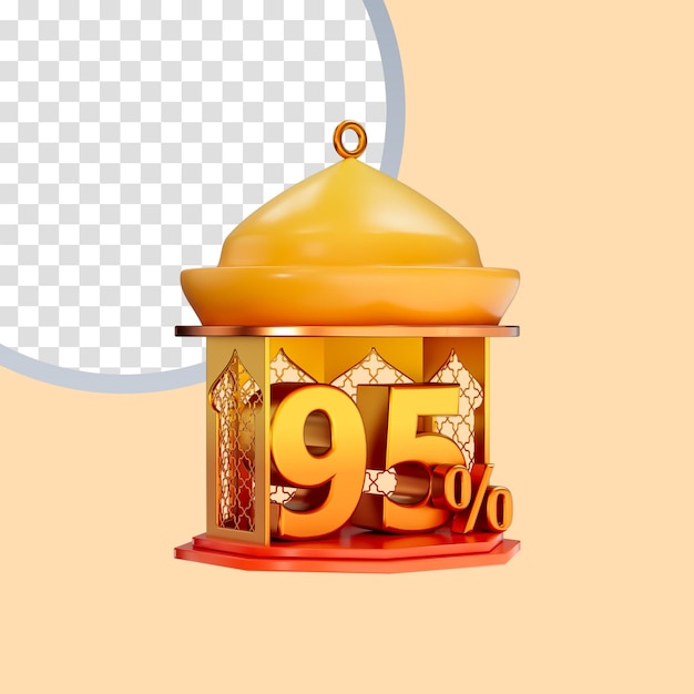 95 procent icoon binnen islamitische lantaarn 3d render concept voor Ramadan of Eid korting verkoopaanbieding