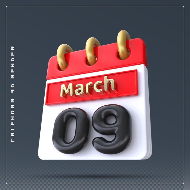 Premium PSD 9th march calendar icon 3d render