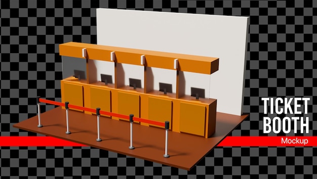 a 3d ticket booth with computer on the desk and waiting line