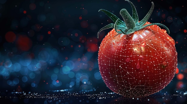 A 3D wireframe rendering of a red tomato on a dark blue background with bokeh lights