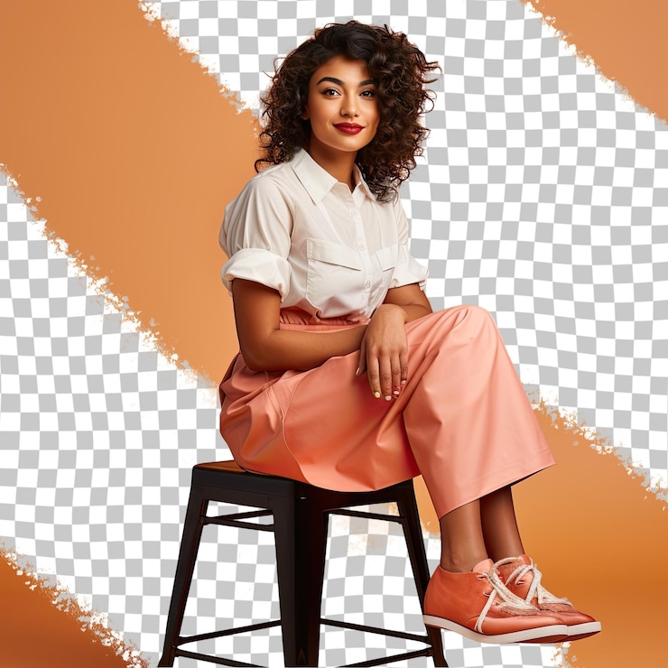 PSD a admiring young adult woman with wavy hair from the african american ethnicity dressed in cooking gourmet dishes attire poses in a seated pose with crossed legs style against a pastel peac
