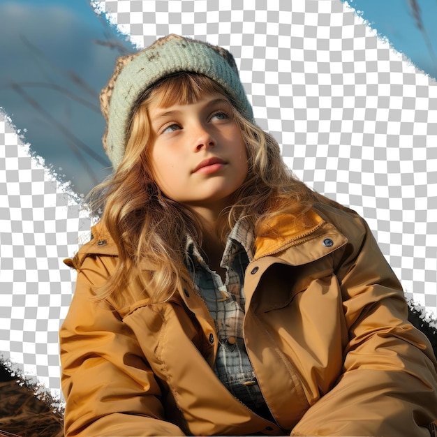 PSD Забавная девочка с волнистыми волосами славянского происхождения, одетая в походную одежду в лесу, позирует лежа с поднятой головой на пастельном небесно-голубом фоне.