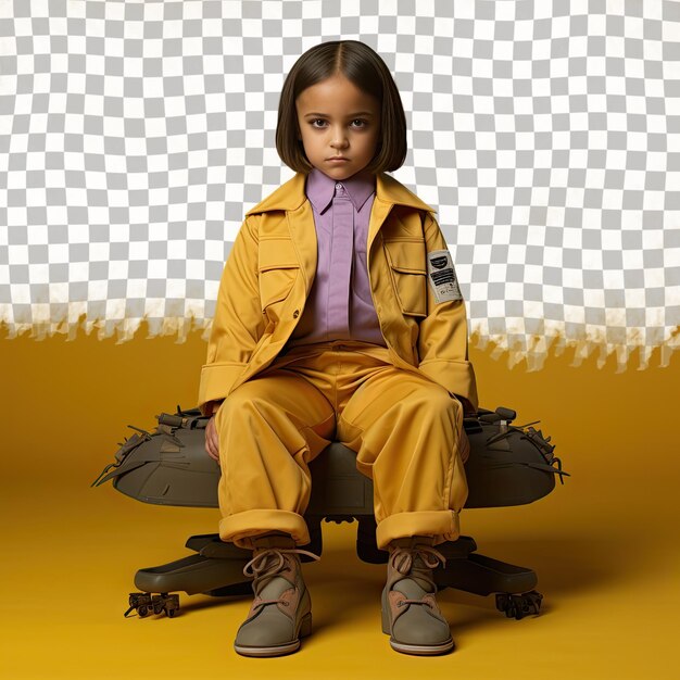 PSD 商業パイロットの服装を着たアジア系の ⁇ 毛の怒った子供の女の子が,パステル黄色の背景に足を床に置いた座っている十字架でポーズをとっています