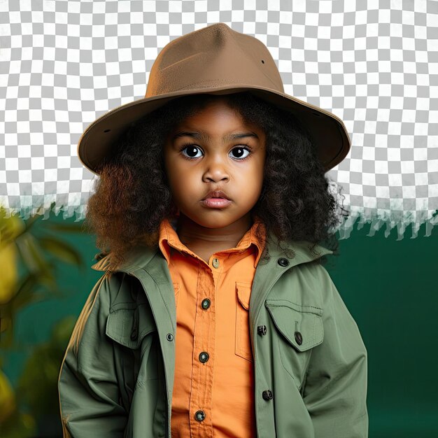 PSD 숲 속 캠핑 복장을 입은 아프리카계 미국인의 긴 머리를 가진 화난 유아 여성은 파스텔 그린 배경에 모자 스타일과 같은 소품을 통해 시선으로 포즈를 취합니다.