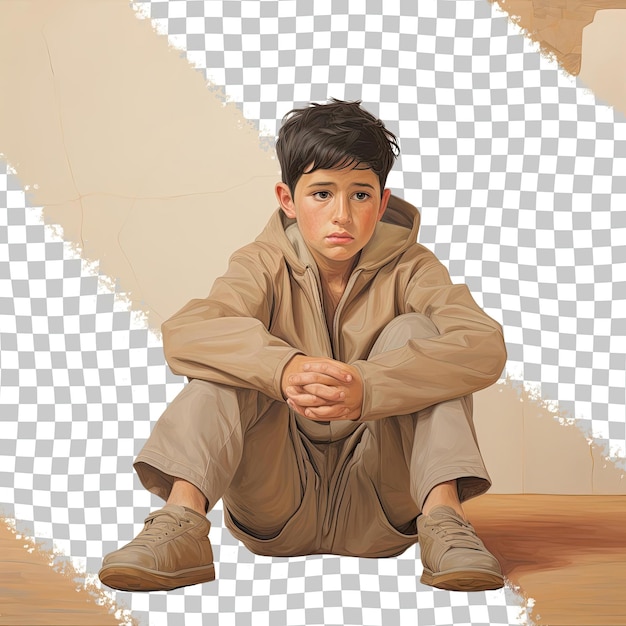 屋根葺き職人の衣装を着た西アジア民族の短髪の不安そうな子供の少年が、パステル ベージュの背景に優雅な床座りスタイルでポーズをとる