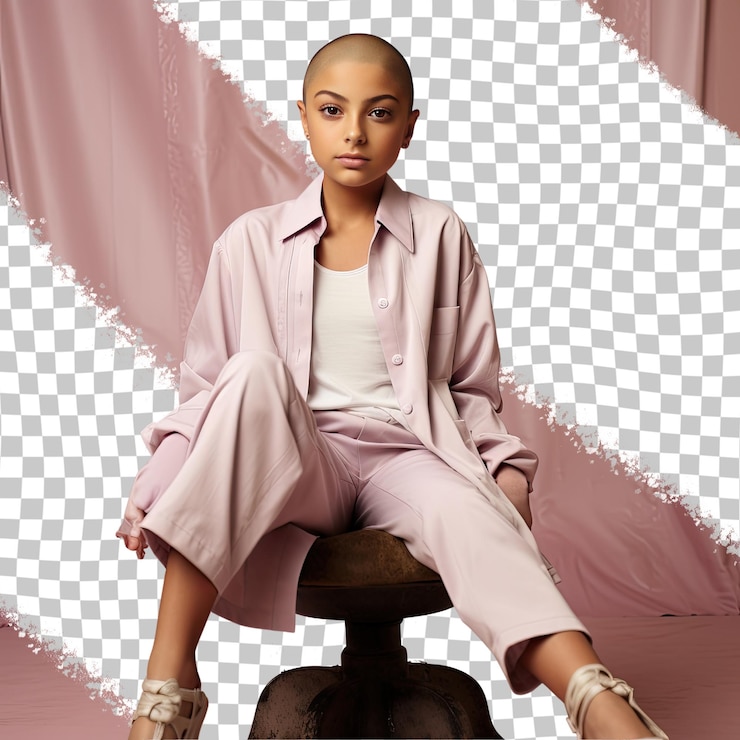 PSD a apathetic toddle girl with bald hair from the south asian ethnicity dressed in nail technician attire poses in a sitting with one leg bent style against a pastel mauve background