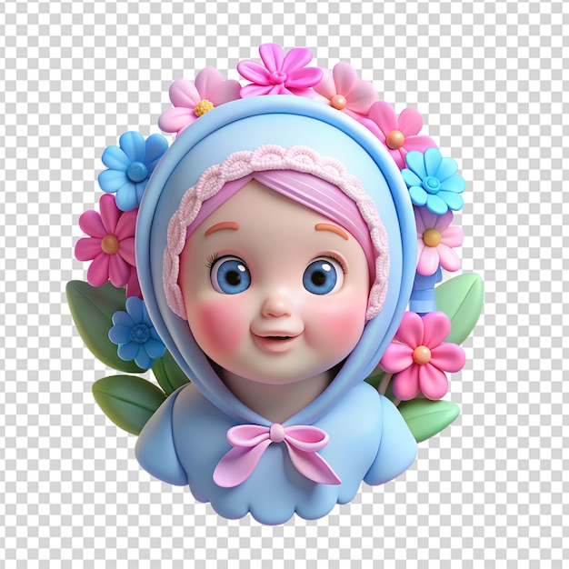 PSD 파란 모자와 꽃을 가진 아기 인형